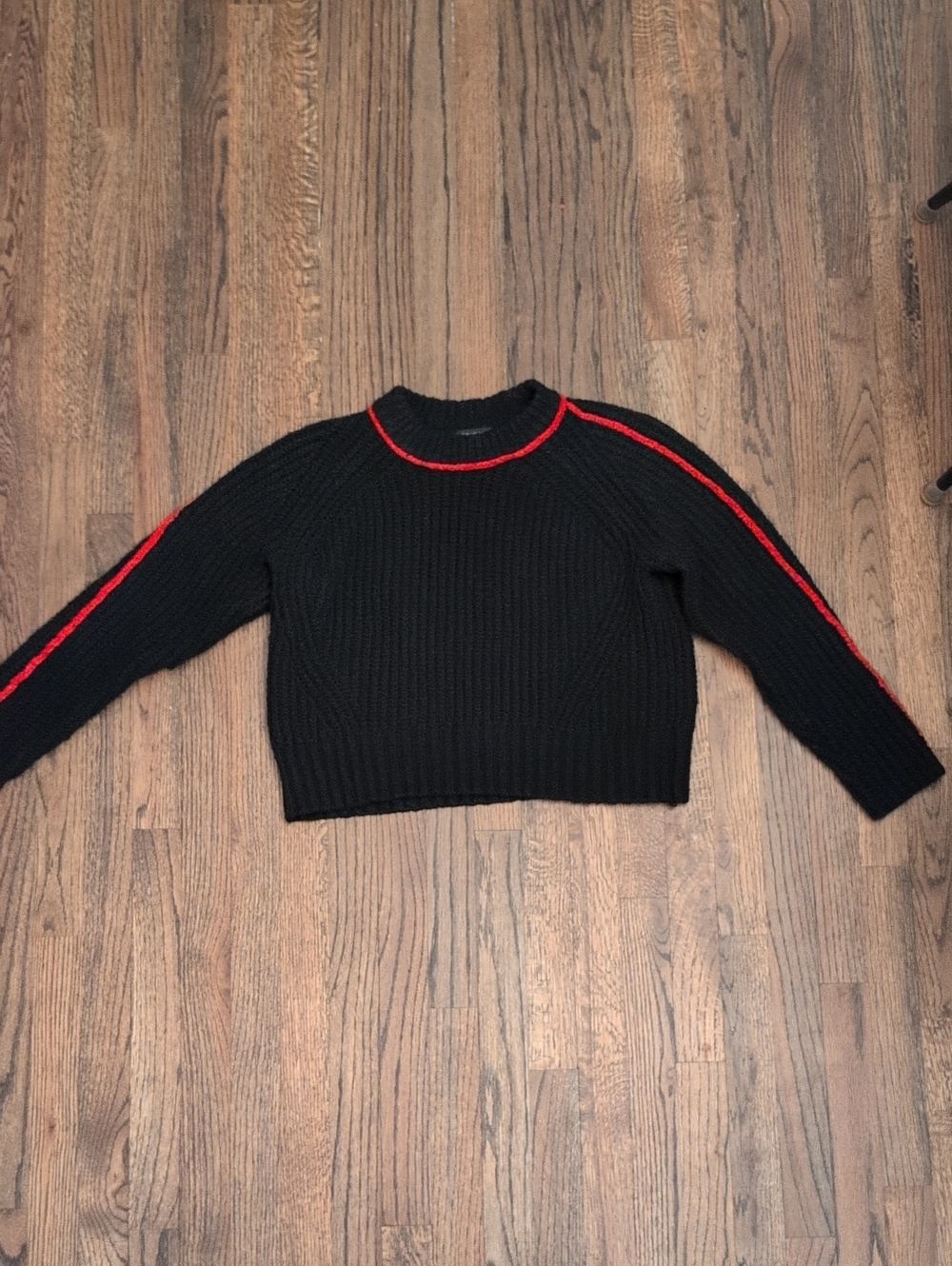 Black Knit Crewneck Sweater with Red Trim